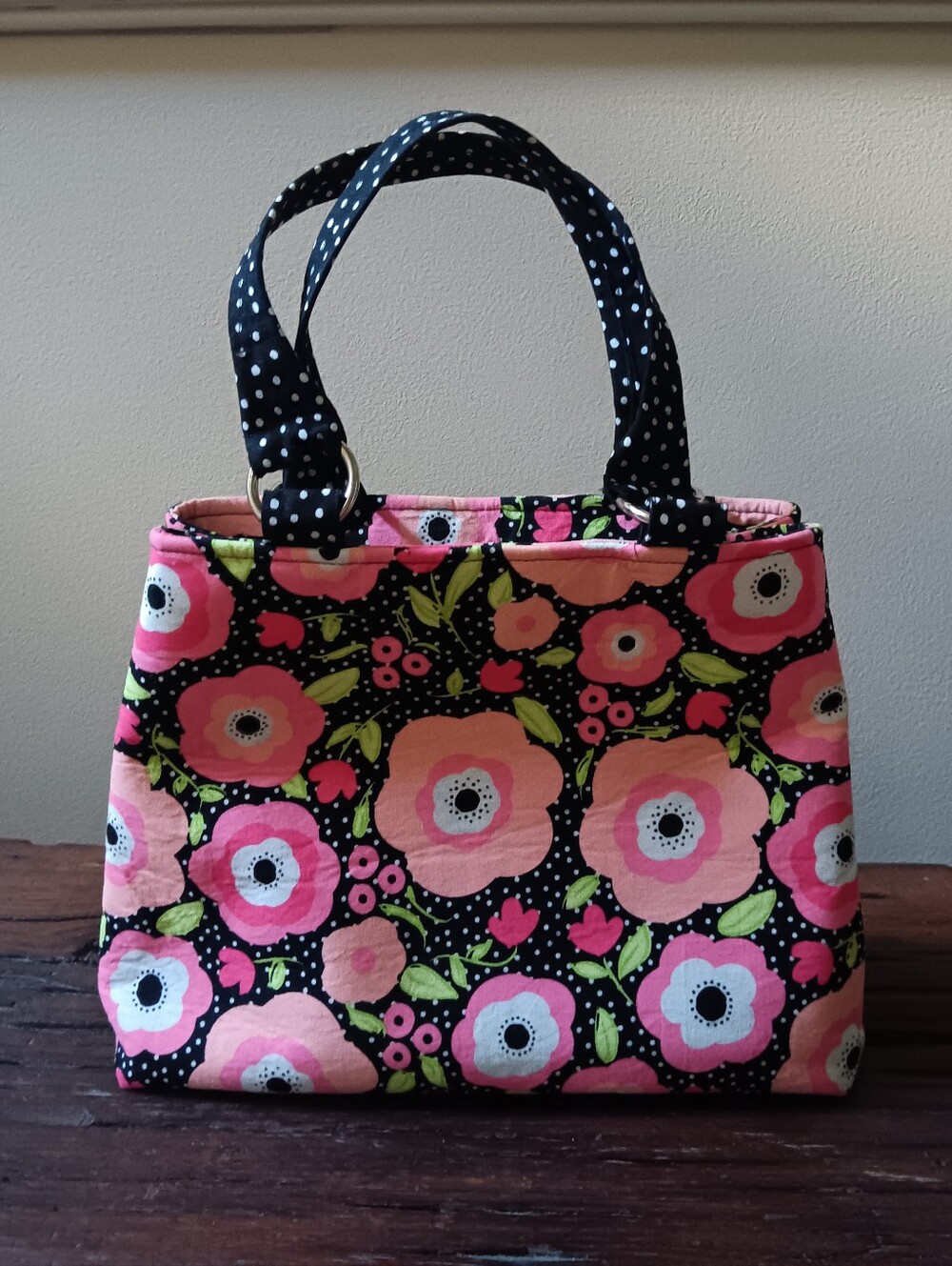 Handcrafted Floral Fabric Tote Bag/ Shoulder Bag Magnetic Snaps O-Ring